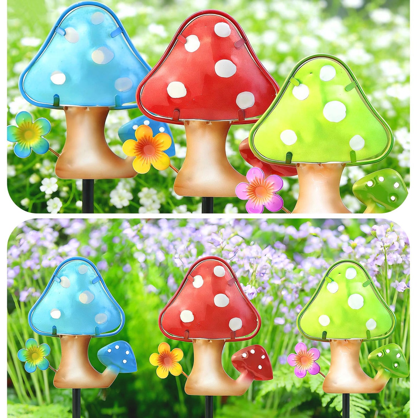 LEGIFO Garden Decor Mushroom Stakes Set of 3, Metal & Glass 10″, Outdoor Mushroom Stake for Backyard Lawn Decor, Funny Yard Art Decorations for Mom Grandma Women Mother’s Day