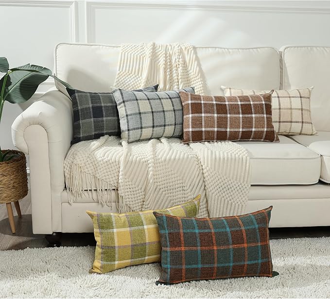 Stellhome Pack of 2 Lumbar Fall Linen Buffalo Check Throw Pillow Covers