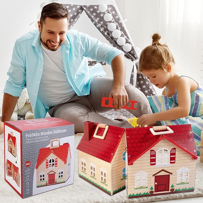 Foldable Wooden Dollhouse with 13PCS Furniture, 4 Rooms and 2 Flexible Dolls