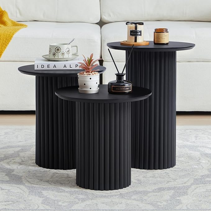 Bifins Round Nesting Coffee Table Set of 3, Mid Century Modern Fluted Coffee