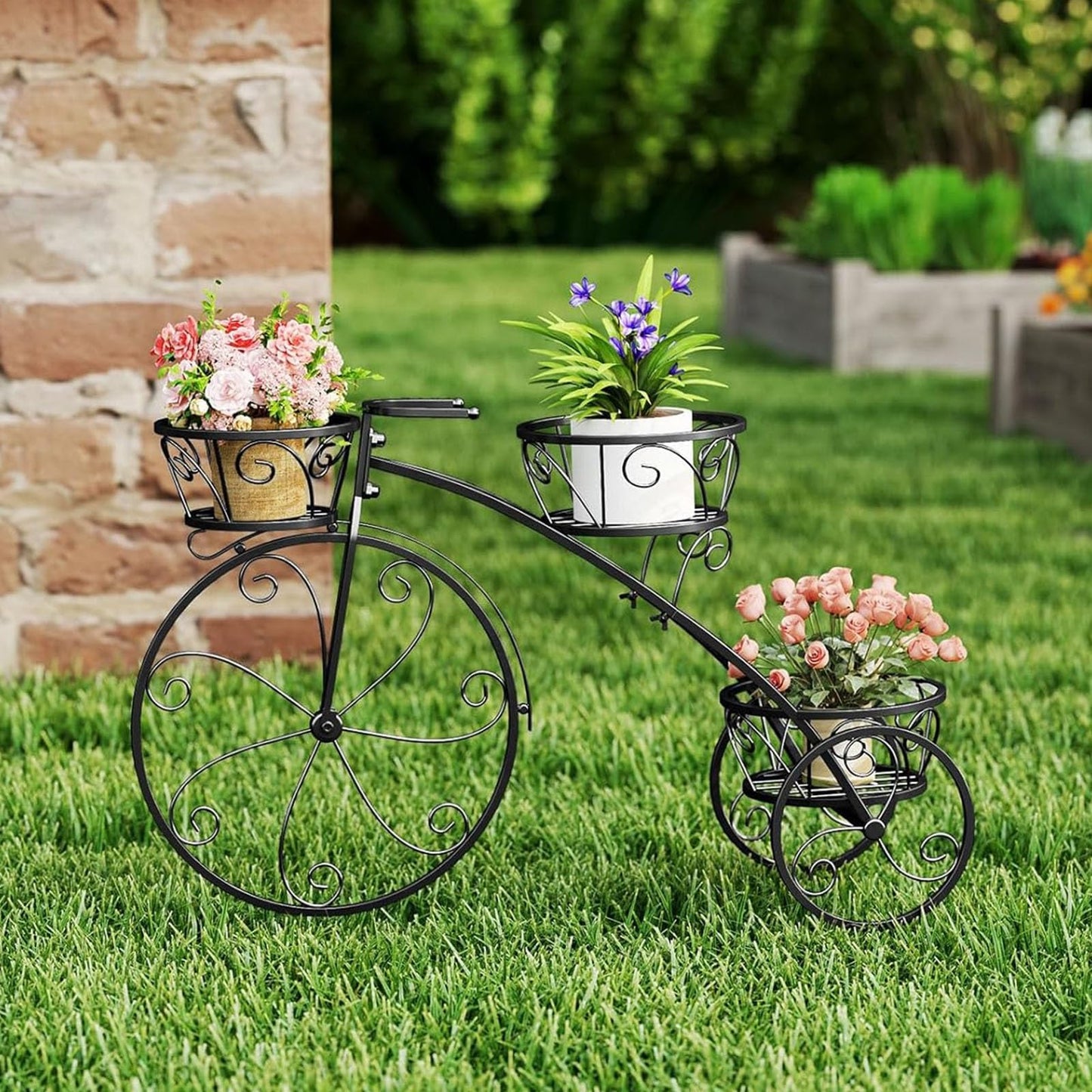 Planter Potted Holder Tricycle Plant Stand, Parisian Style Flower Display Stand Cart,3-Tier Metal Plant Stand Bicycle Flower Pot Cart with Hollowed Baskets for Patio,Garden,Deck,Lawn(Black)