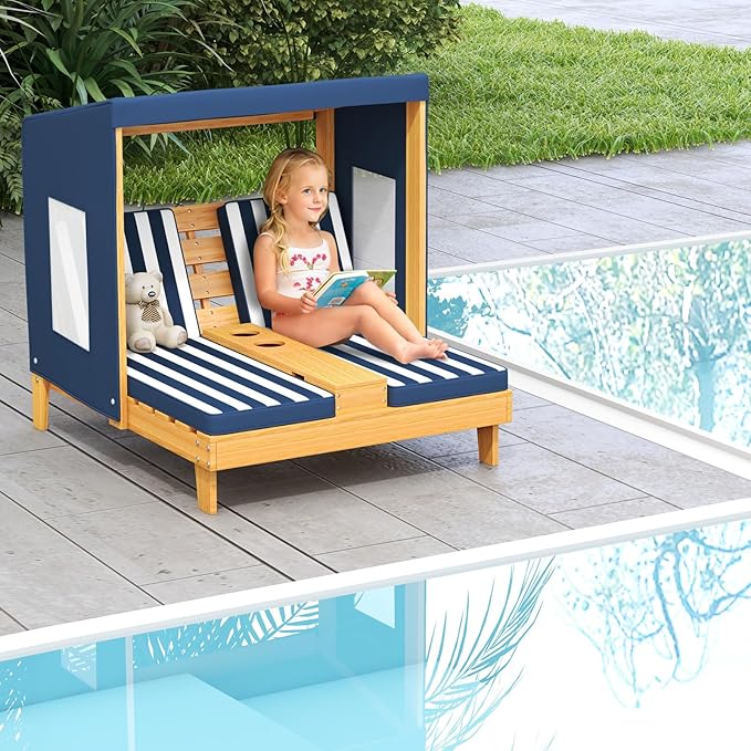 HONEY JOY Kids Chaise Lounge Chair Outdoor, Toddler Wood Double Pool Lounger