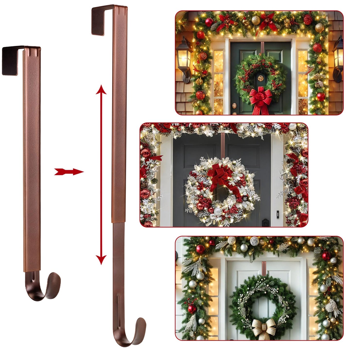 2 Pack Wreath Hanger for Front Door, 20 lbs Christmas Wreath Door Hanger, Non Scratch Over the Door Hooks for Xmas Easter Halloween Fall Wreaths Décor Welcome Sign, Adjustable from 15 to 25 in Hangers