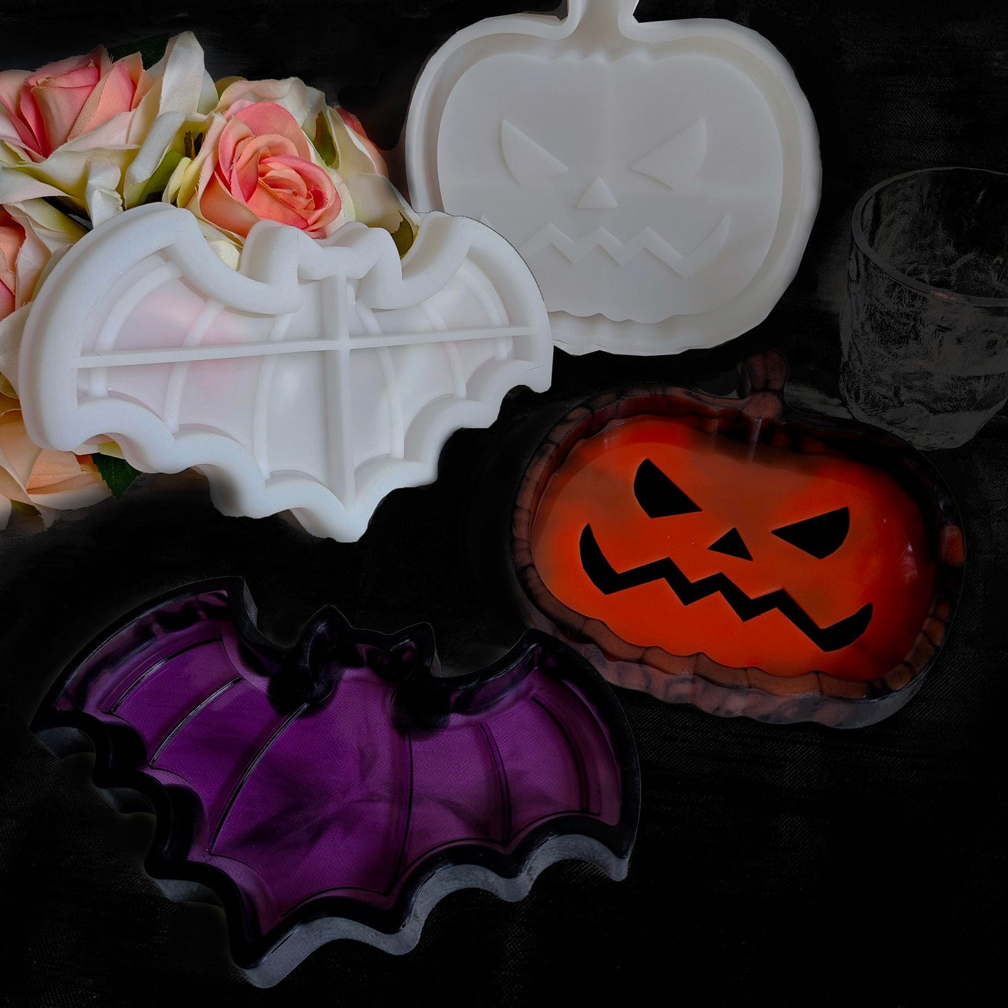 2 Set of Bat Pumpkin Tray Storage Resin Mold Molds Epoxy Resin Pumpkin Bat Shaped Halloween Tray for Fruit Candy Jewelry Cup Holder Container, DIY Making Decor Art Crafts
