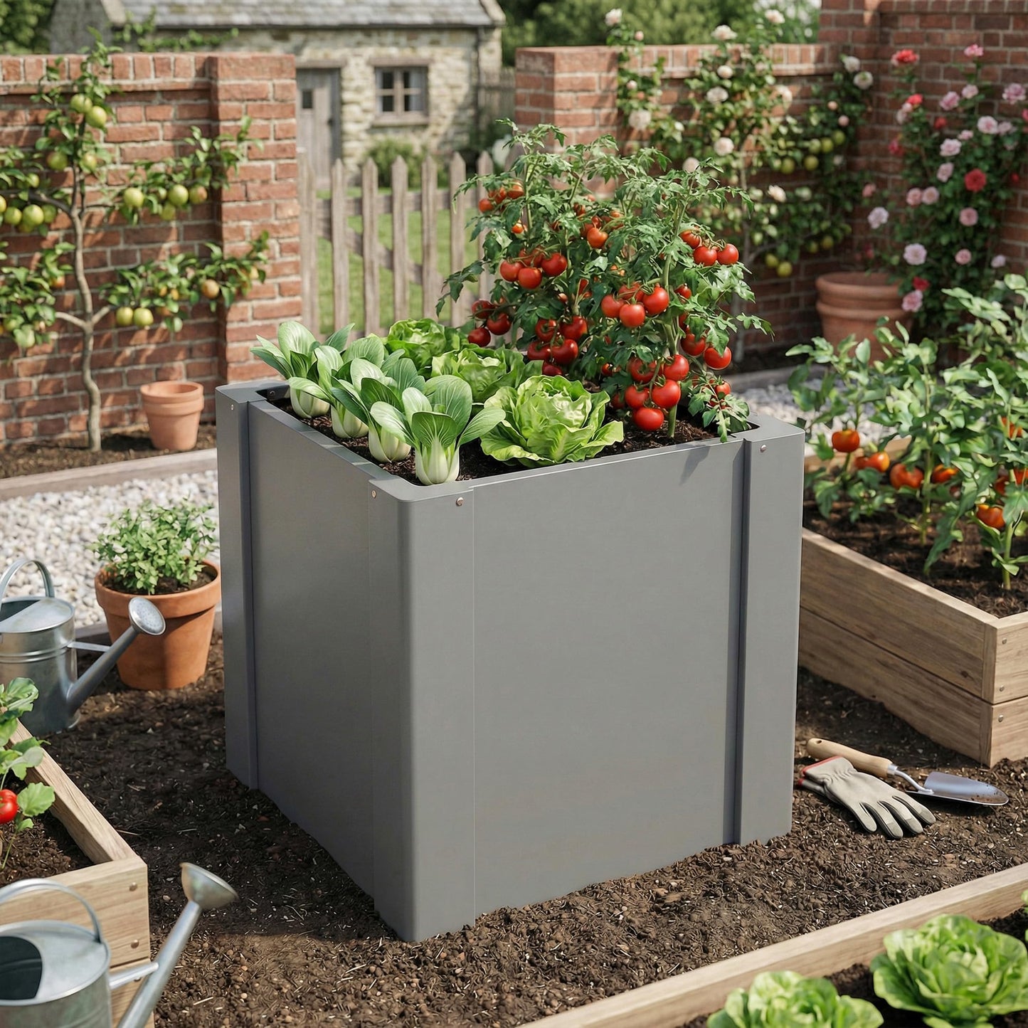 Outsunny Galvanized Tall Outdoor Planter, Metal Square Large Planter Box for Outdoor Plants with Gloves and Open Bottom for Vegetables, Flowers, Herbs, 1.4 x 1.4 x 1.5 ft, Gray
