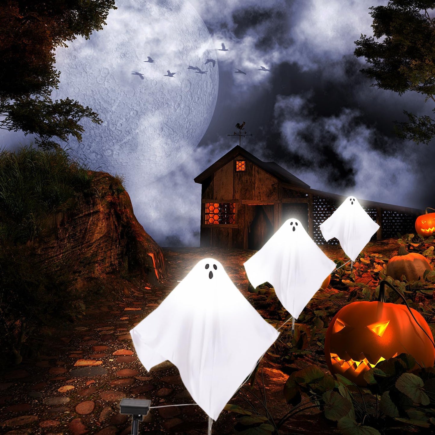 3Pack Halloween Solar Pathway Lights Ghost Stake Lights, Solar Powered Outdoor Decor for Yard, Lawn, Party & Halloween Decoration