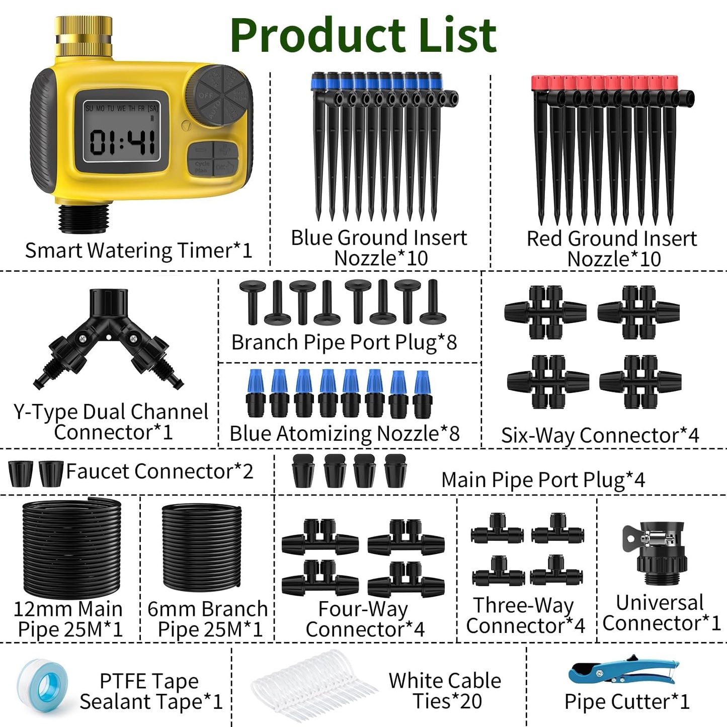 165FT Drip Irrigation System with Timer, Automatic DIY Garden Watering Kit with 1/2" & 1/4" Tubing, Solid Brass Connectors & Adjustable Sprayers for Plants, Garden, Lawn, Greenhouse, Raised Beds