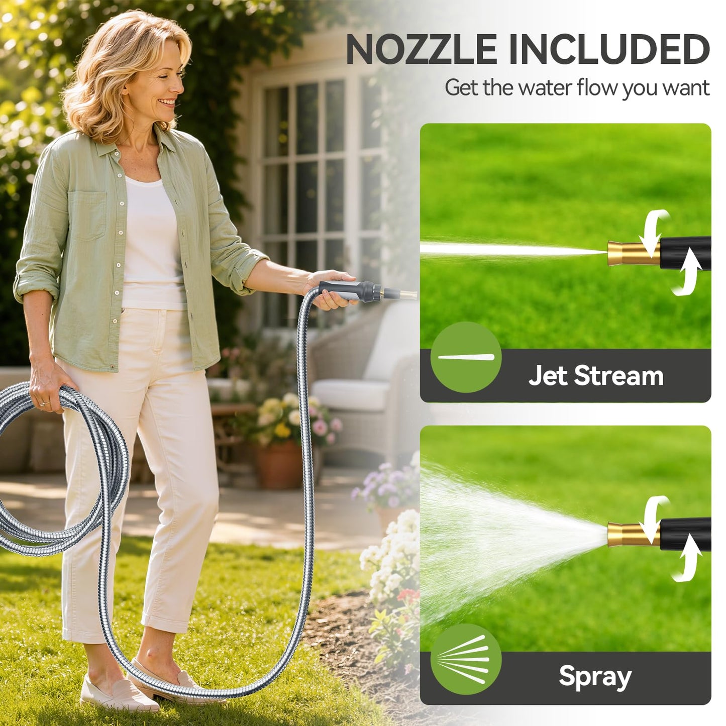SPECILITE Expandable Garden Hose 50 FT, 304 Stainless Steel Heavy Duty Metal Water Pipe with Adjustable Nozzle - Flexible, Kink Free, Leak-Proof, Lightweight, for Outdoor, Yard, Lawn, Car Washing