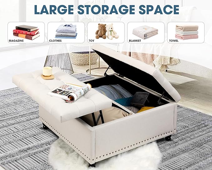 36" Large Square Ottoman with Storage, Tufted Upholstered Storage Ottoman with