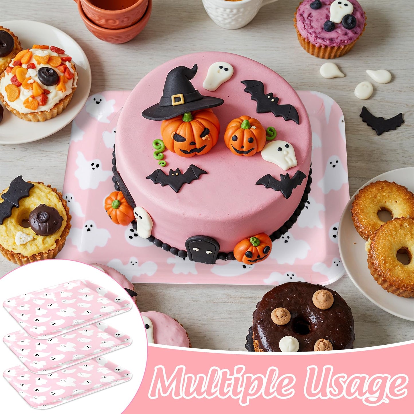 JarThenaAMCS 3Pcs Halloween Serving Trays Pink Ghost Platter Cute Ghost Reusable Serving Dishes for Birthday Baby Shower Party Sharing Snacks Fruit Dessert, 13 x 10 Inch