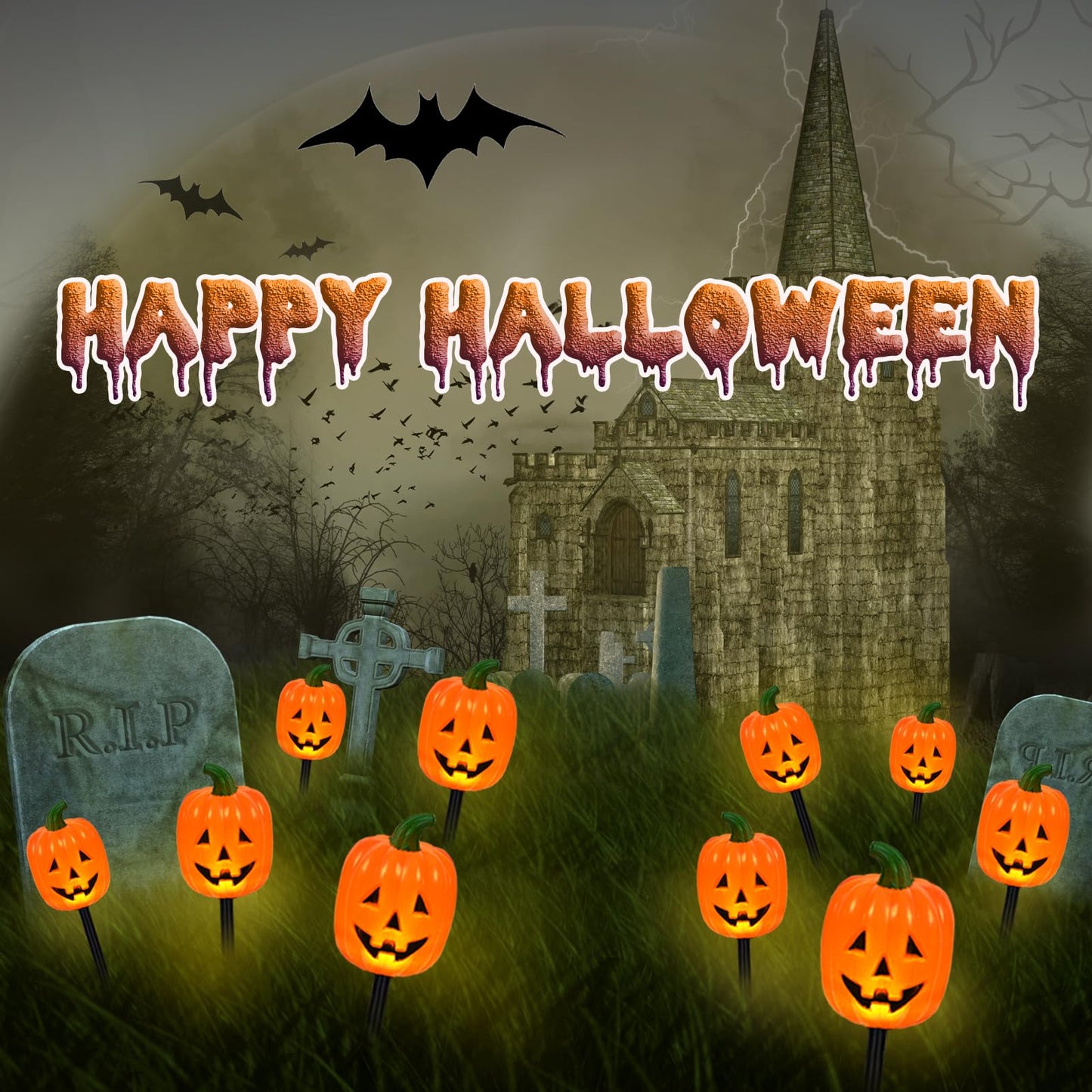 BRIGHTDECK Halloween Pumpkin Stake Lights, Set of 10 Decorative Solar Pumpkin Lights, Waterproof Halloween Decorations for Outdoor Garden and Yard