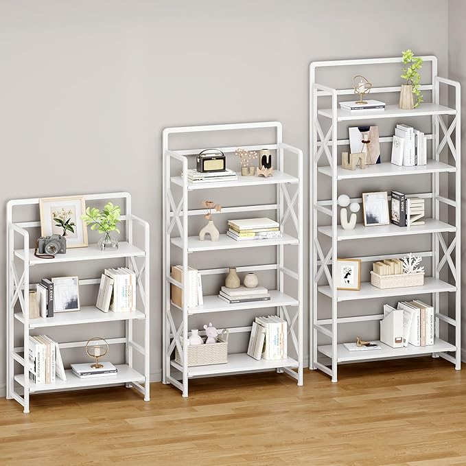 No Assembly Folding Bookshelf, 5 Tiers Vintage Wood Collapsible Book Shelf