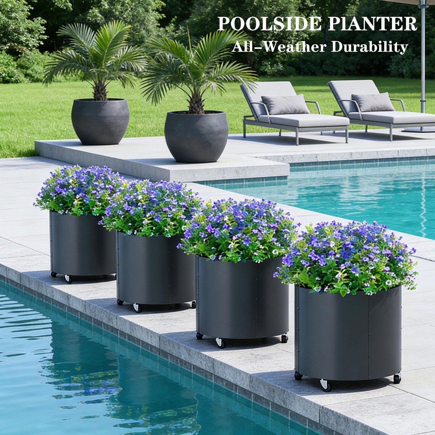 2 Pcs Round Metal Planters for Outdoor Plants on Wheels,22" Tall Planters Pots with Drainage Holes for Citrus Trees Vegetables, Morden Large Raise Planter Box for Commercial Patio Porch,Black