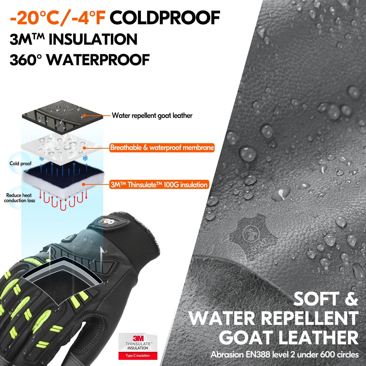 Vgo... -4℉ or above Winter Waterproof High Dexterity Heavy Duty Mechanic Glove, Anti-vibration, Anti-abrasion, Touchscreen (1 Pair,L,Green,GA8954FW)