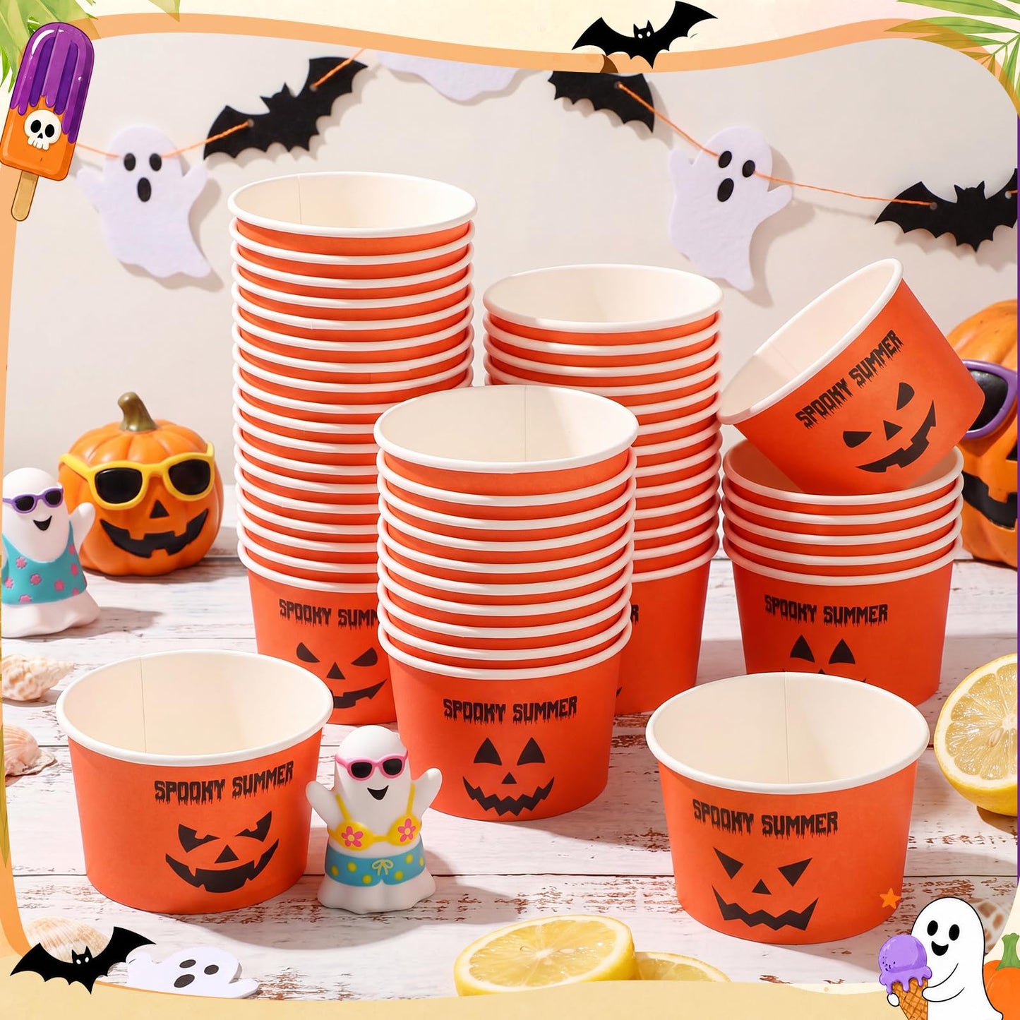 Jingmore 50 Count Summer Halloween Ice Cream Paper Cups Ghost Face Disposable Dessert Bowls Summer Halloween Cute Jack-o-lantern Treat Orange Cups for Hawaii Beach Party Supplies Sundae Yogurt Soup