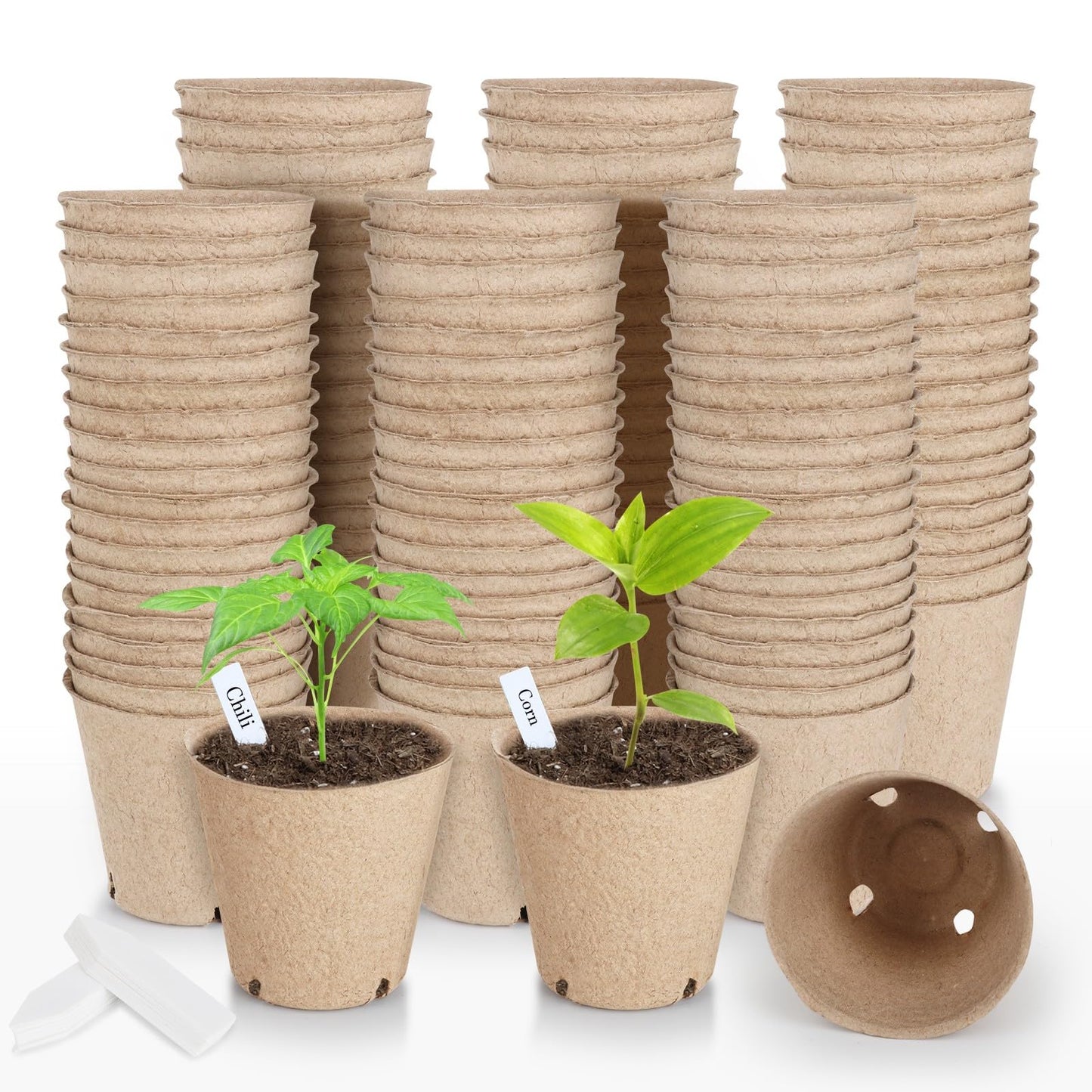 ModaSin 131 Pcs Organic Peat Pots, 3.15 Inch Nursery Pot, Round Plant Seedling Pots with Drainage Holes, Small Seed Starting Starter Tray Bulk, Garden Germination Container with 131 Planting Labels