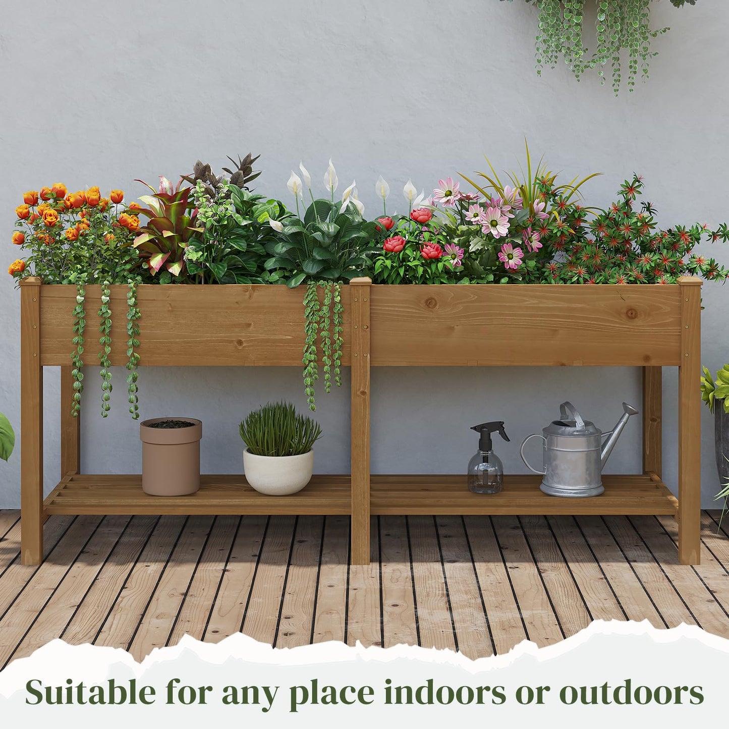 PULIJIAJU Wooden Raised Garden Bed, Planter Box with Legs, Garden Planter with Divider Bag for Backyard, Patio, Balcony, Planter Stand Box for Herbs and Vegetables (Brown-L)