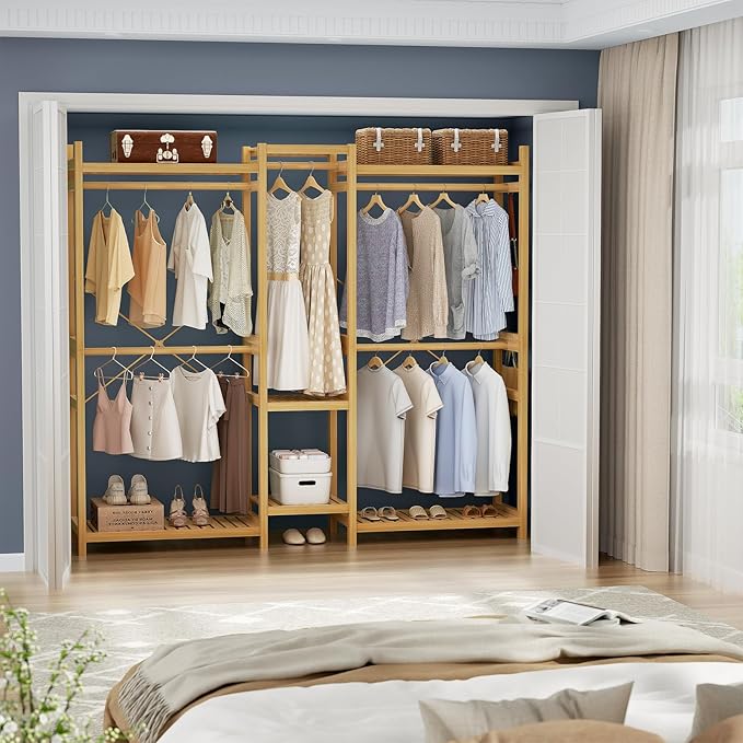 Homykic Bamboo Closet System Clothes Rack, Large Freestanding Garment Rack