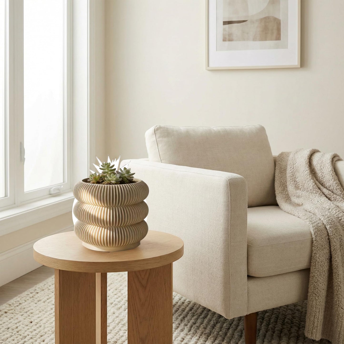 Fabix3D Modern 3D Printed Planter Pot, Minimalist Ripple Design, Lightweight PLA Material, Round Shape with Drainage and Saucer, for Succulents and Indoor Plants (Wood, 4.7")