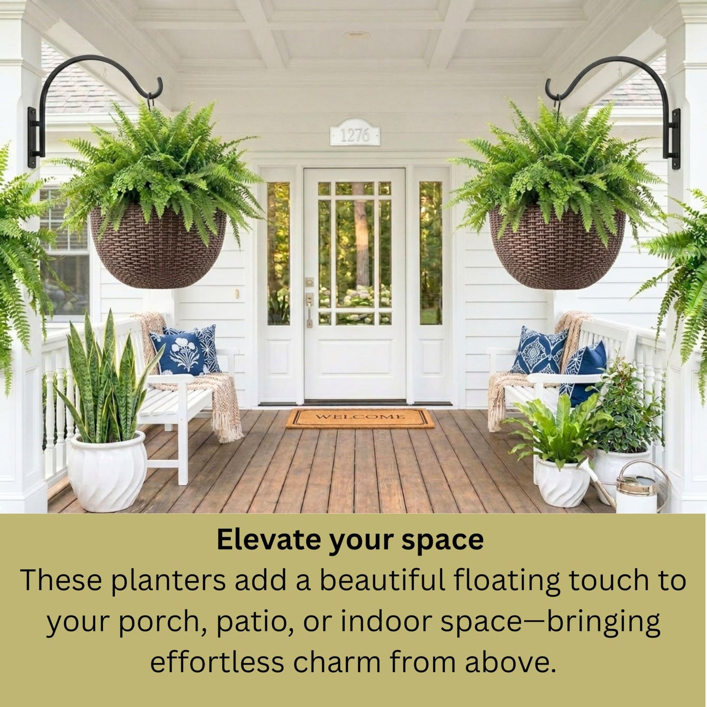 LaLaGreen Bundle- 2 Pack, 24 Inch Metal Planter with Coco Liner + 3 Pack, 11 Inch Self Watering Hanging Basket Plastic Flower Pot with Chain Outdoor Wall Mounted Balcony Fence Patio Porch Modern Decor