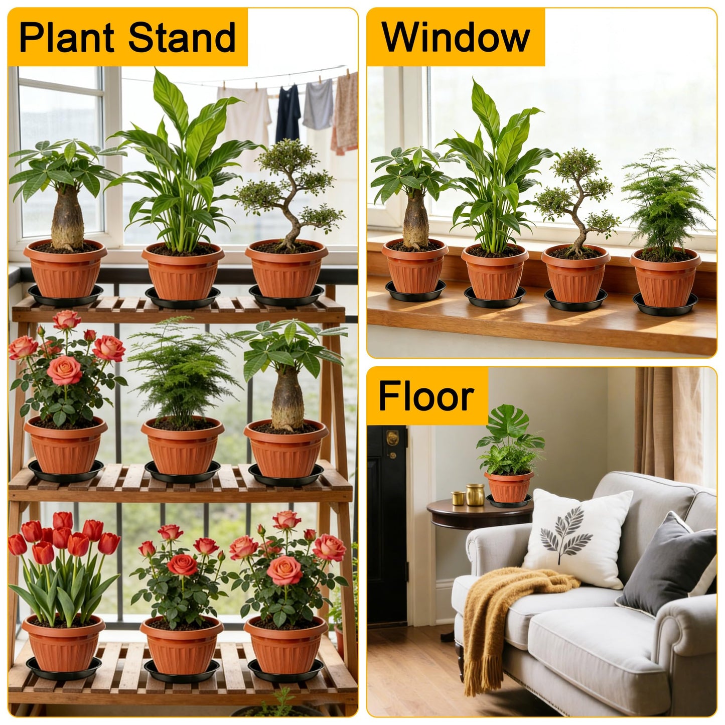 WYIPOLZI 6 Pack 10 Inch Plant Saucers Tray, Heavy Duty Plastic Plant Trays Drip Plates for Home & Garden Potted Plants, Water Trays Saucers for Pots Planter, Indoor Outdoor Use,Black