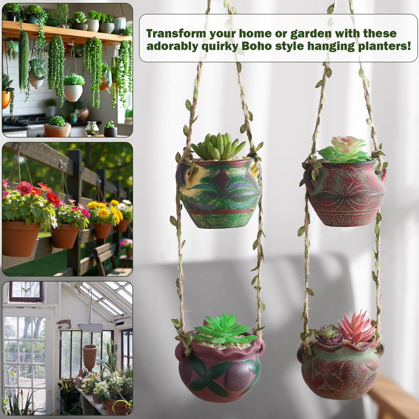 Yuccasly 4 Piece Boho Ceramic Hanging Planters with Drainage Holes – Adorable Indoor Outdoor Succulent Flower Pots, Unique Home Décor, Charming Small Planters for Plants