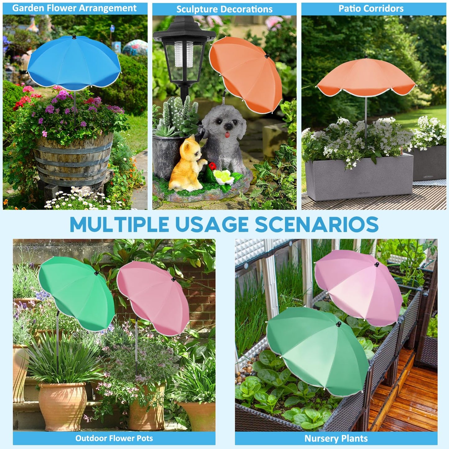 QRRICA 10/9/8/7.5/7 Inch Self Watering Pots and 4 Pack 23.6 Inch Plant Umbrellas for Outdoor Plants