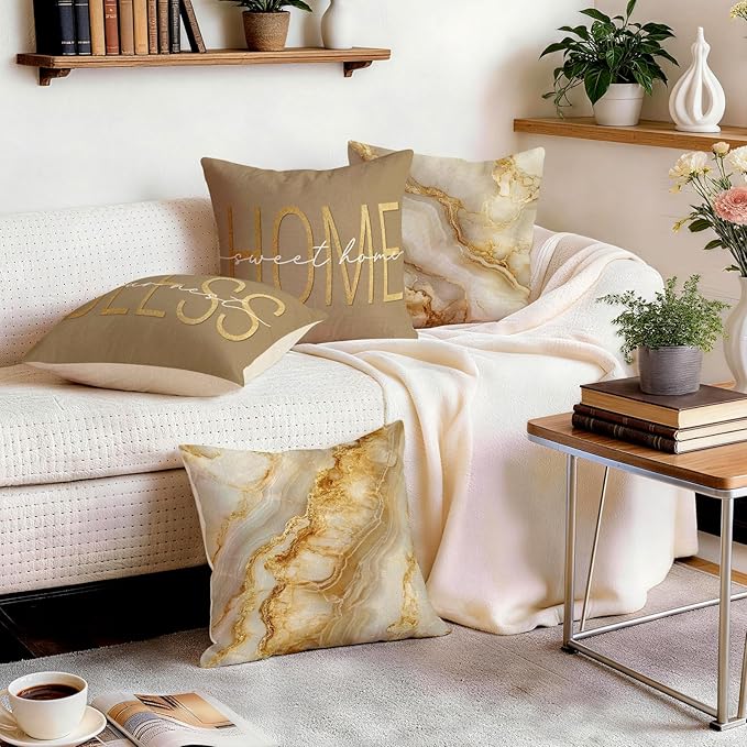 OBSEDE Inspirational Beige Marble Decorative Throw Pillow Covers 18 × 18 in