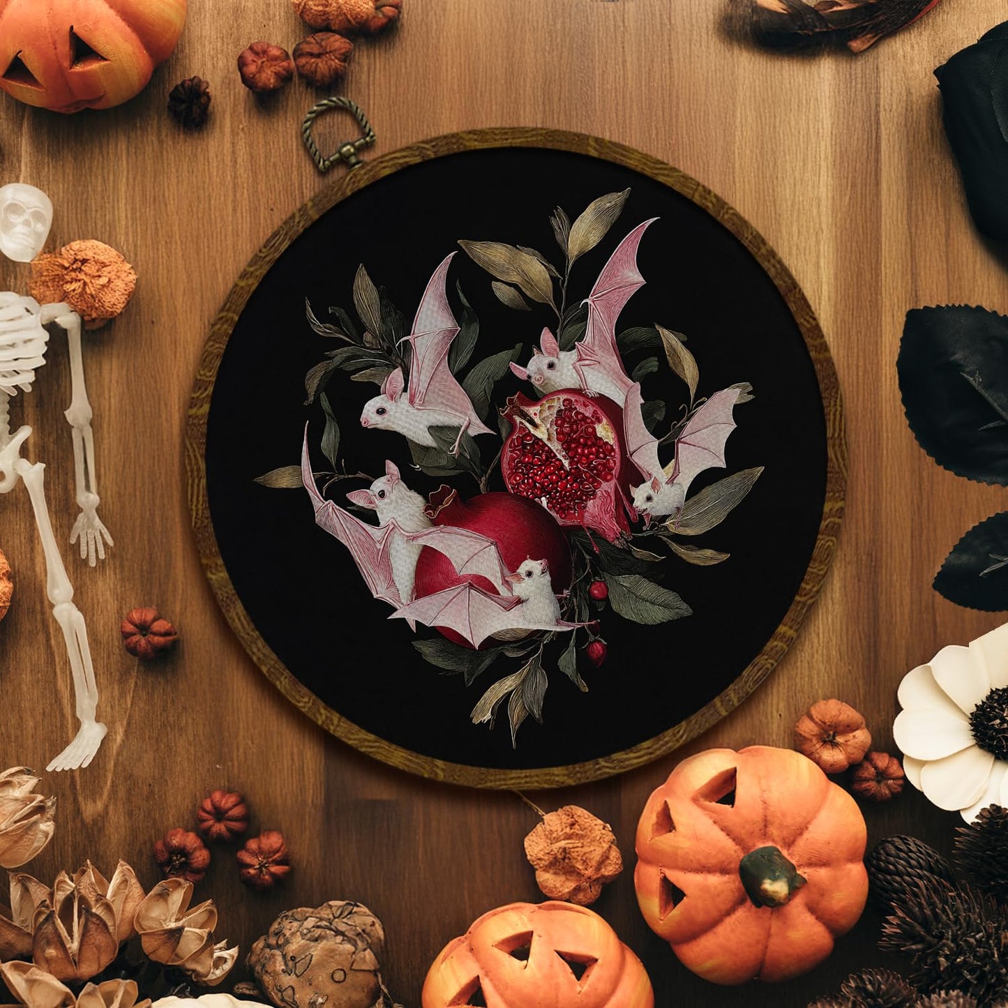 Pink Bat and Pomegranate Round Wall Art Decor,10x10 Inch Gothic Whimsical Canvas Print whit Round Frame, Cute Bat Artwork Wall Hanging Decor for Bedroom, Living Room, or Halloween Home (Pink-Bats)