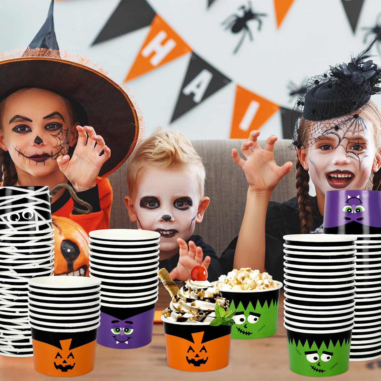 AnyDesign Halloween Treat Cups 100 Pcs 6.5 oz Disposable Paper Bowls in 4 Styles Pumpkin Mummy Vampire Monster Funny Character Soup Cups for Hot Cold Drinks Party Supplies