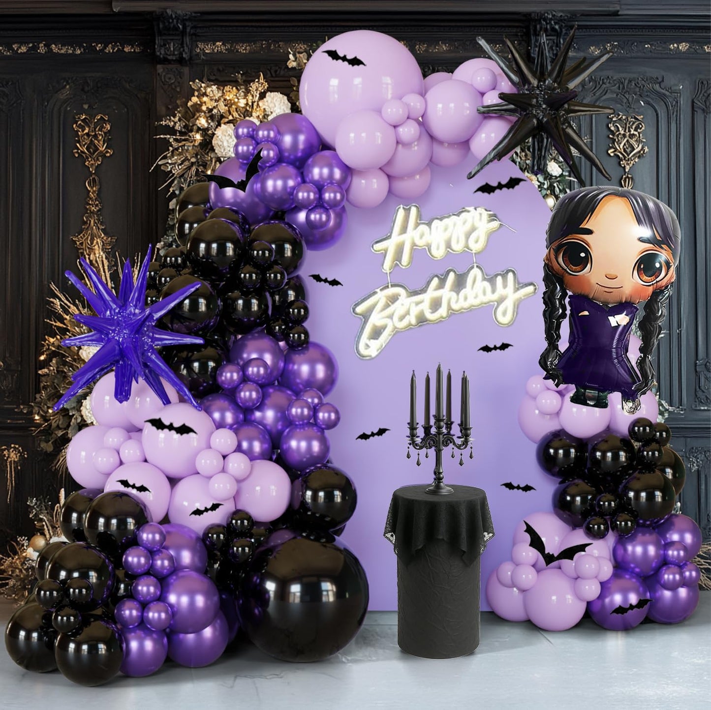 143pc Purple And Black Balloon Arch Kit Gothic Balloon Garland Paper Bats Starburst Foil Balloons For Vampirina Goth Birthday Decorations,Spooky Celebrations, Halloween, And Character-Themed Parties