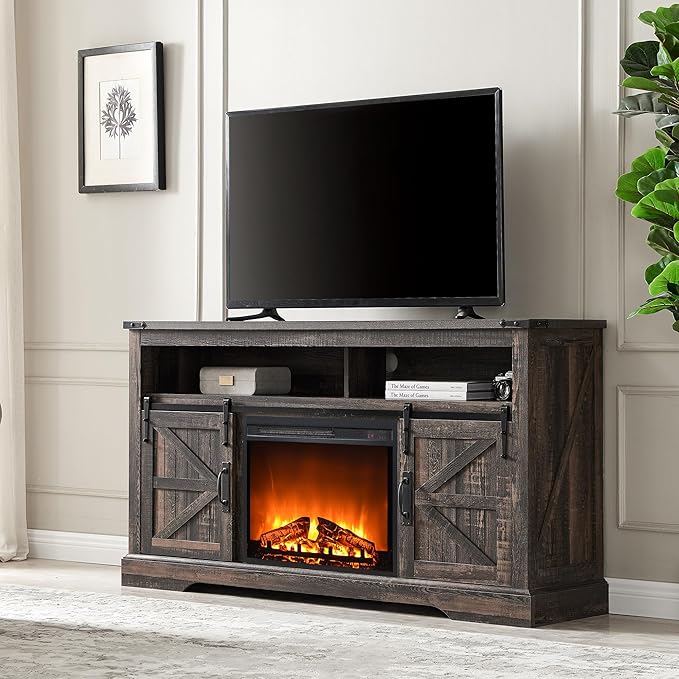 OKD Fireplace TV Stand for 65+ Inch TV, Rustic Media Console w/Sliding Barn