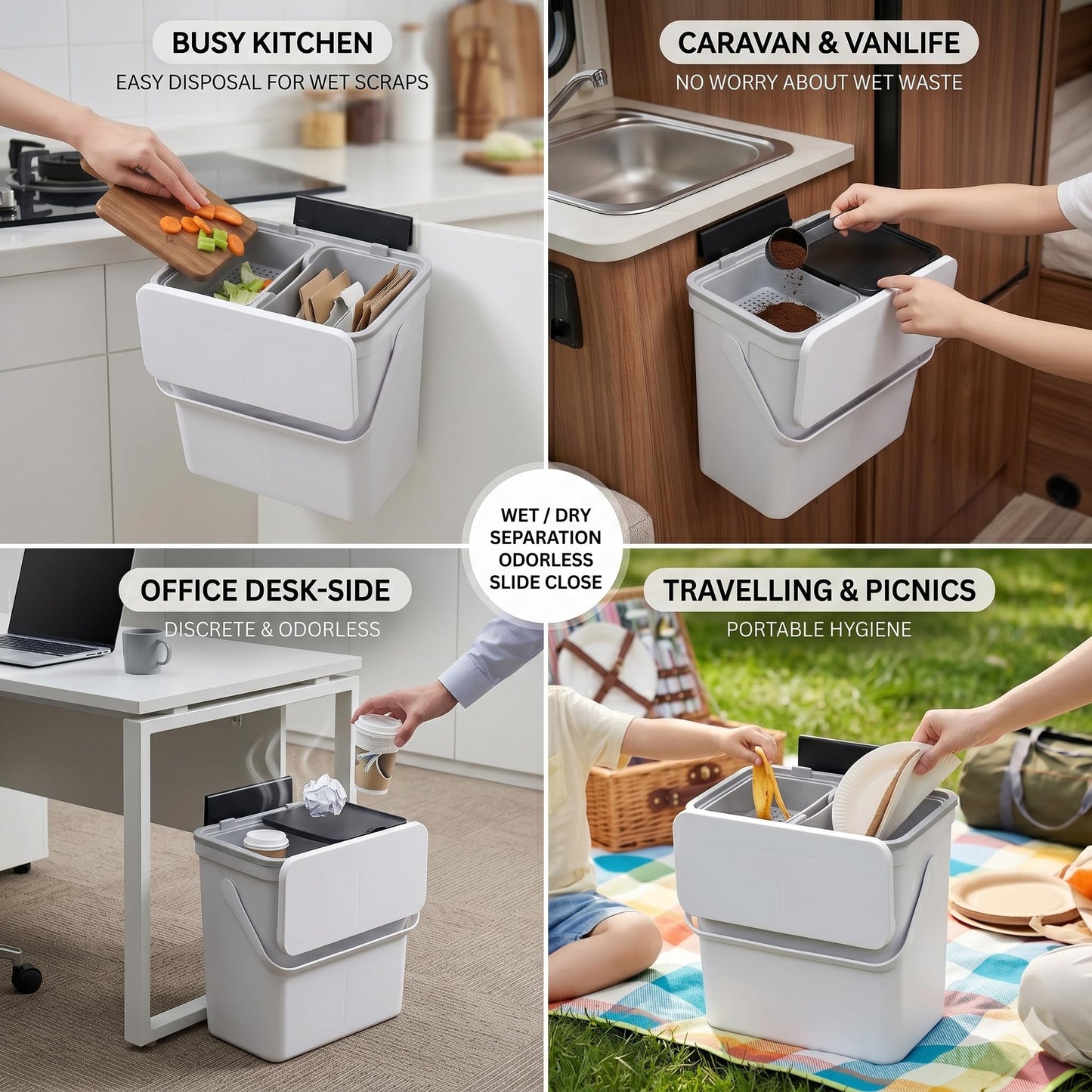 TOSCARA 3.2 Galoon Kitchen Compost Bin with lid | Odorless Hanging Trash Can with Sliding Lid for Dry & Wet Waste β 12 L Wall-Mounted Garbage Can for Kitchen Cabinet. Under Sink Trash can for Office.
