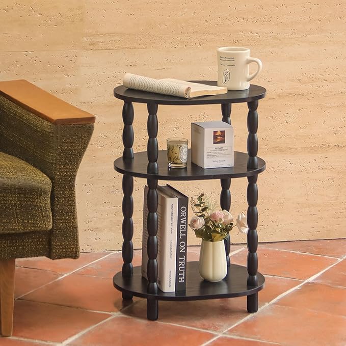 MaxSmeo Black Side Table with Charging Station, 3-Tier Small Oval End Table