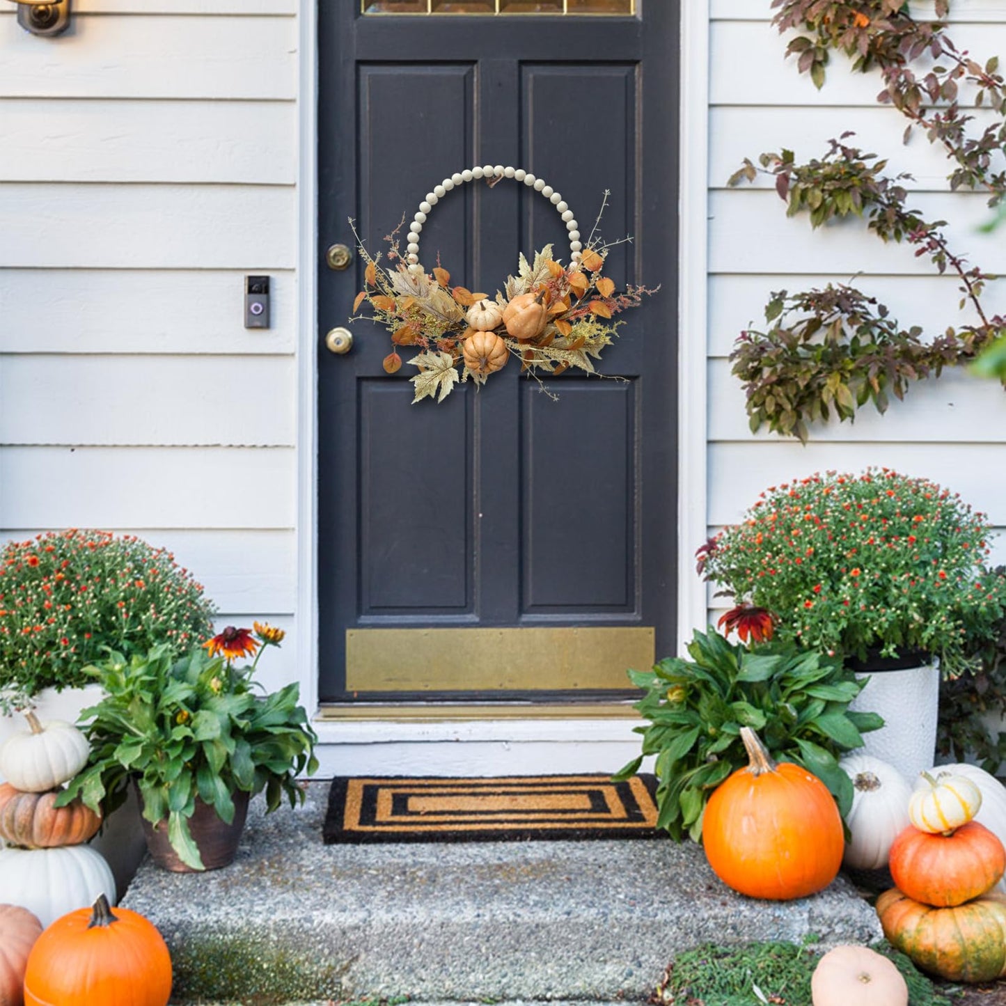 Autumn Wood Bead Pumpkin Fall Wreath for Front Door, 16" Pumpkin and Berries Wreath for Farmhouse Wall Thanksgiving, Fall Season Decor