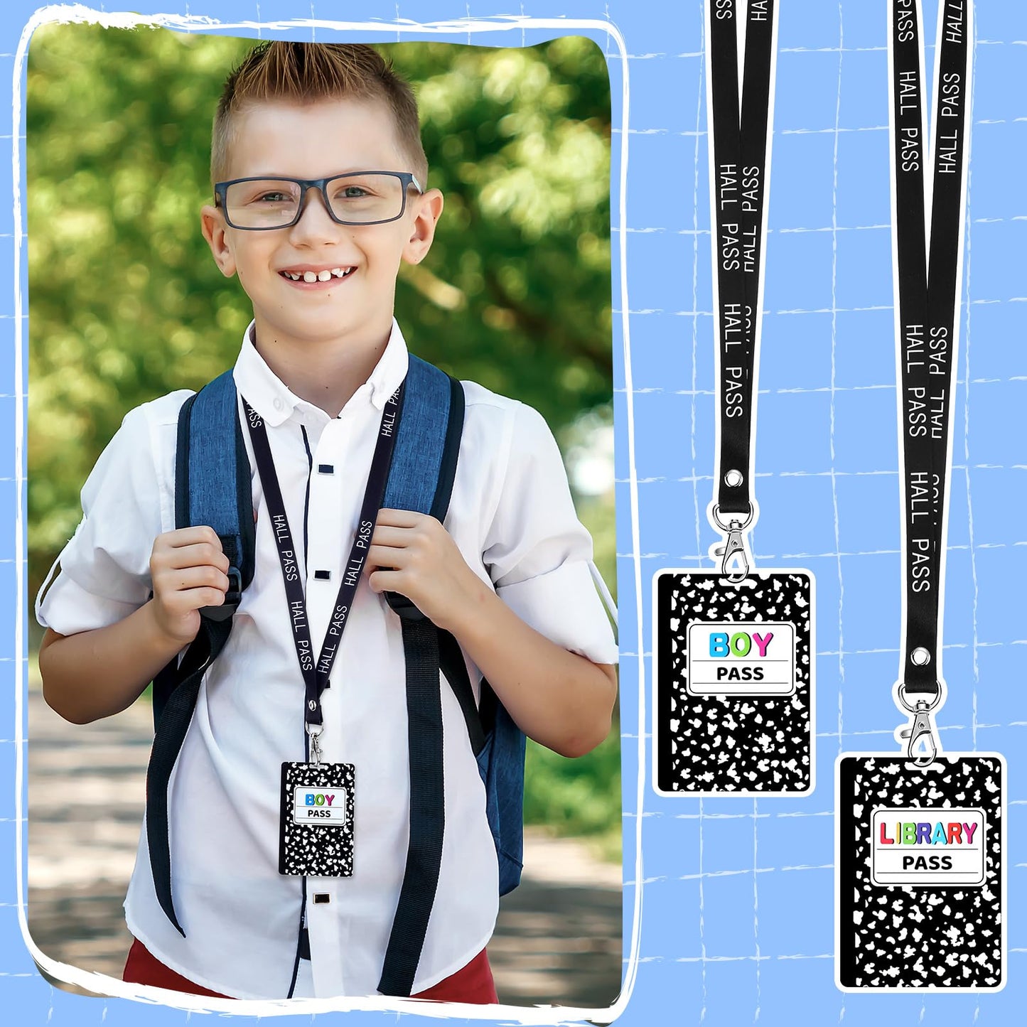 Fuyoooo 16 Set Composition Notebook Hall Pass Lanyards Unbreakable PVC Classroom Passes with Lanyards Bathroom Boy Girl Library Hall Office Nurse Pass for Elementary School Supplies
