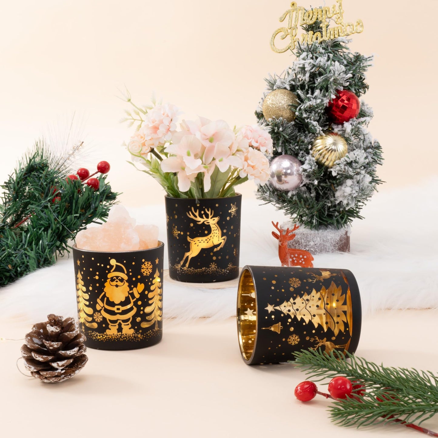 Votive Candle Holders, Black and Gold Glass Christmas Candle Holder Set of 3, Tea Light Holders with Santa Claus, Reindeer, Xmax Tree Pattern, Christmas Table Canterpieces for New Year Party Decor