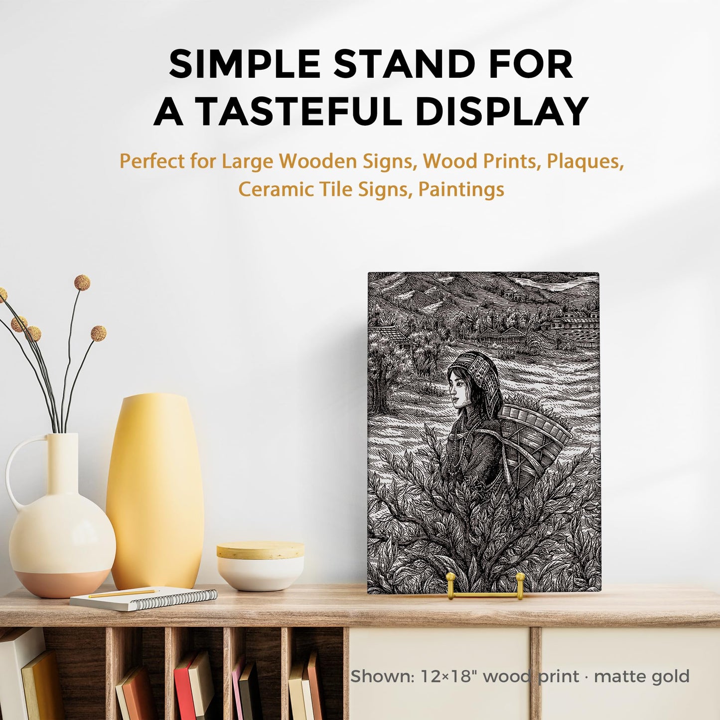 TR-LIFE 12 Inch Large Plate Stands/holder for Display - Metal Picture Frame Holder Stand + Small Easels for Platter, Book, Plaques, Photo, Tabletop Art (Gold 2 Pack)