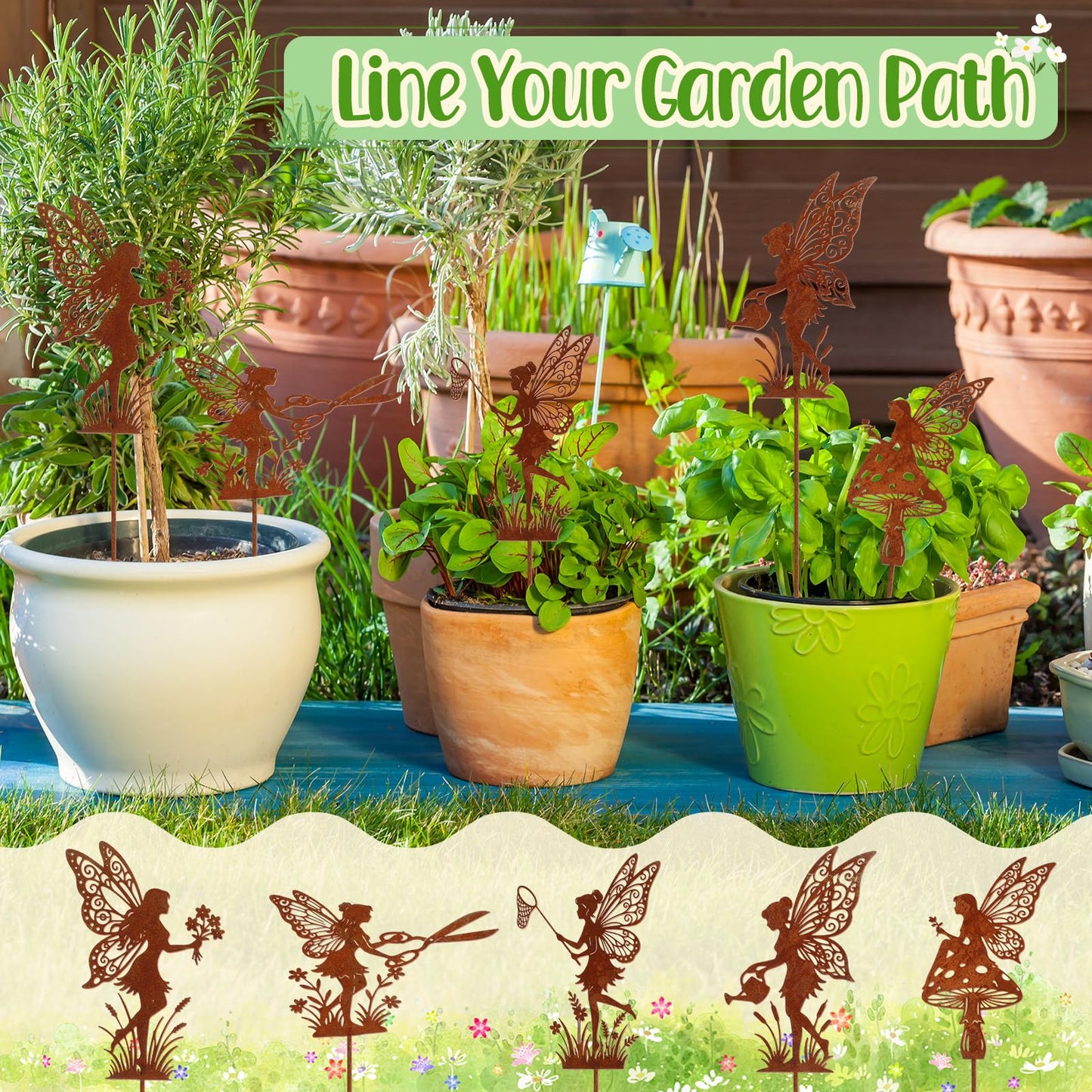 Novabright 5 Pcs Decorative Garden Stakes Metal Fairy Silhouette Set Stakes Outdoor Yard Art Decor Fairy Garden Sign for Lawn Flower Bed Planter Pot Landscaping(Rust)
