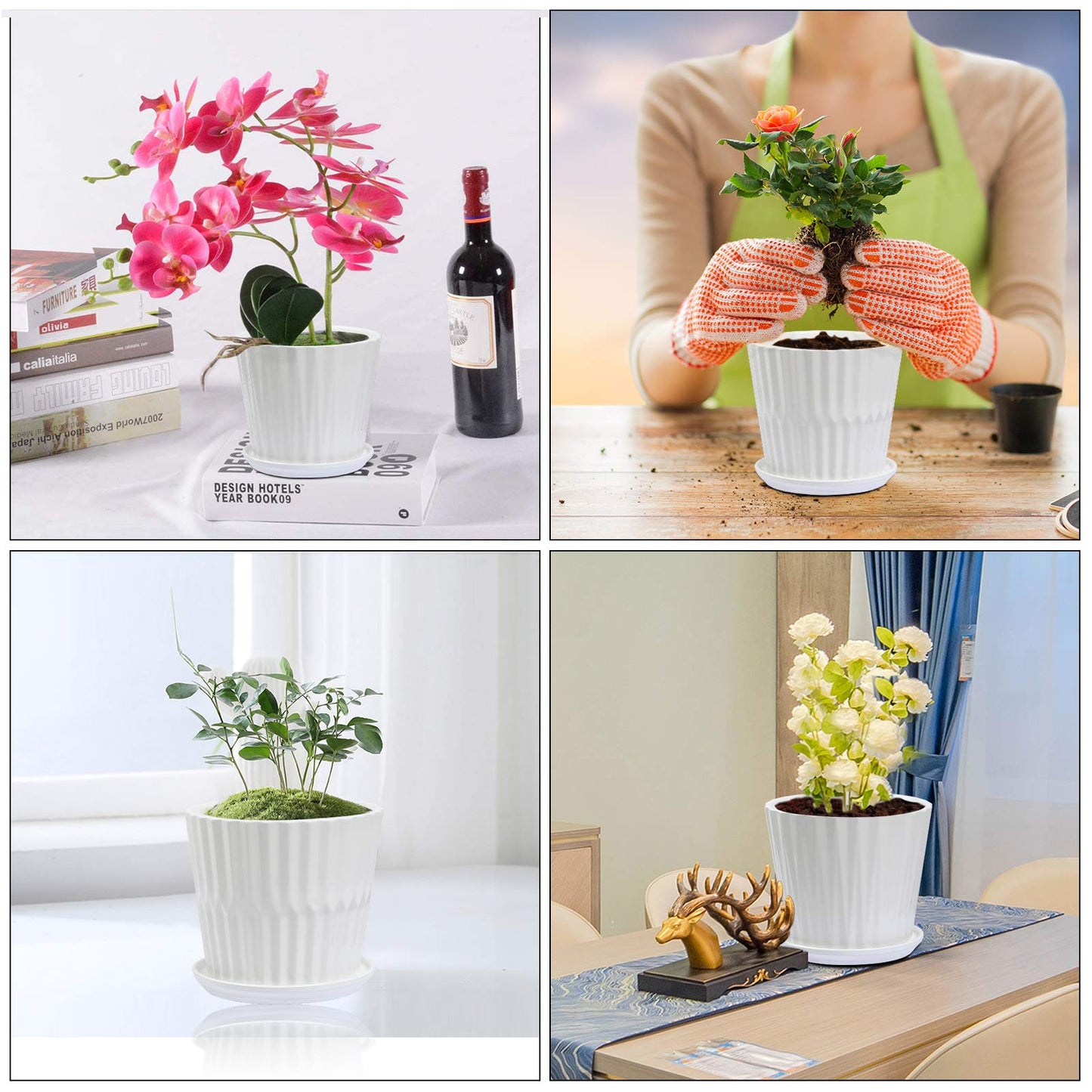 sietpoek Plant Pots - 6.7 Inch Cylinder Ceramic Planters with Connected Saucer, Pots for Succuelnt and Little Snake Plants, Set of 2, White
