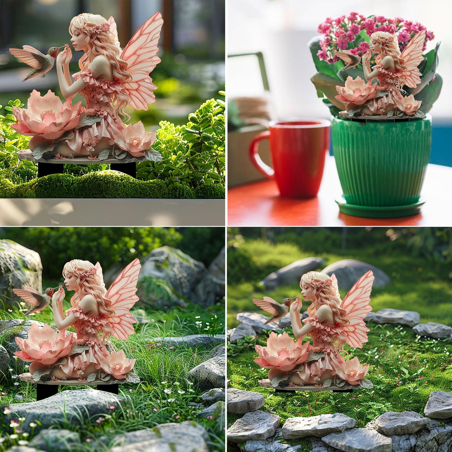 ANNUOZE Fairy Garden Stake Decor, 2D Flat Acrylic Fairy Garden Decor Panel, Elf Yard Sign for Outdoor Indoor Yard Lawn Plants Pots, Fairy Yard Accessories (Fairy and Hummingbird)
