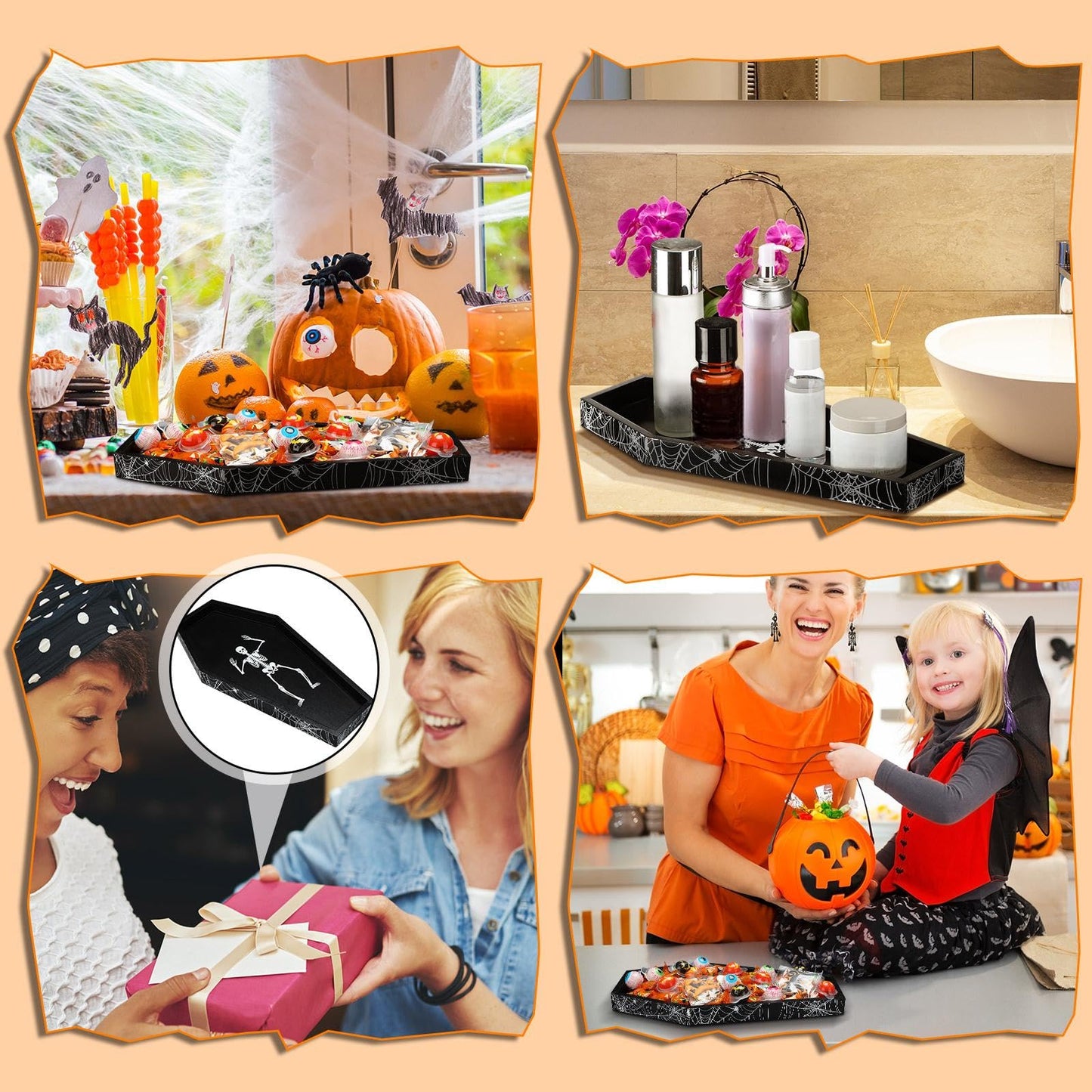 Teenyyou 15.7 x 7.8 Inch Halloween Coffin Charcuterie Board Wood Coffin Serving Tray with Skeleton Spider Web Decor Halloween Black Candy Bowl Gothic Serving Box for Mantel Kitchen Accessories Party