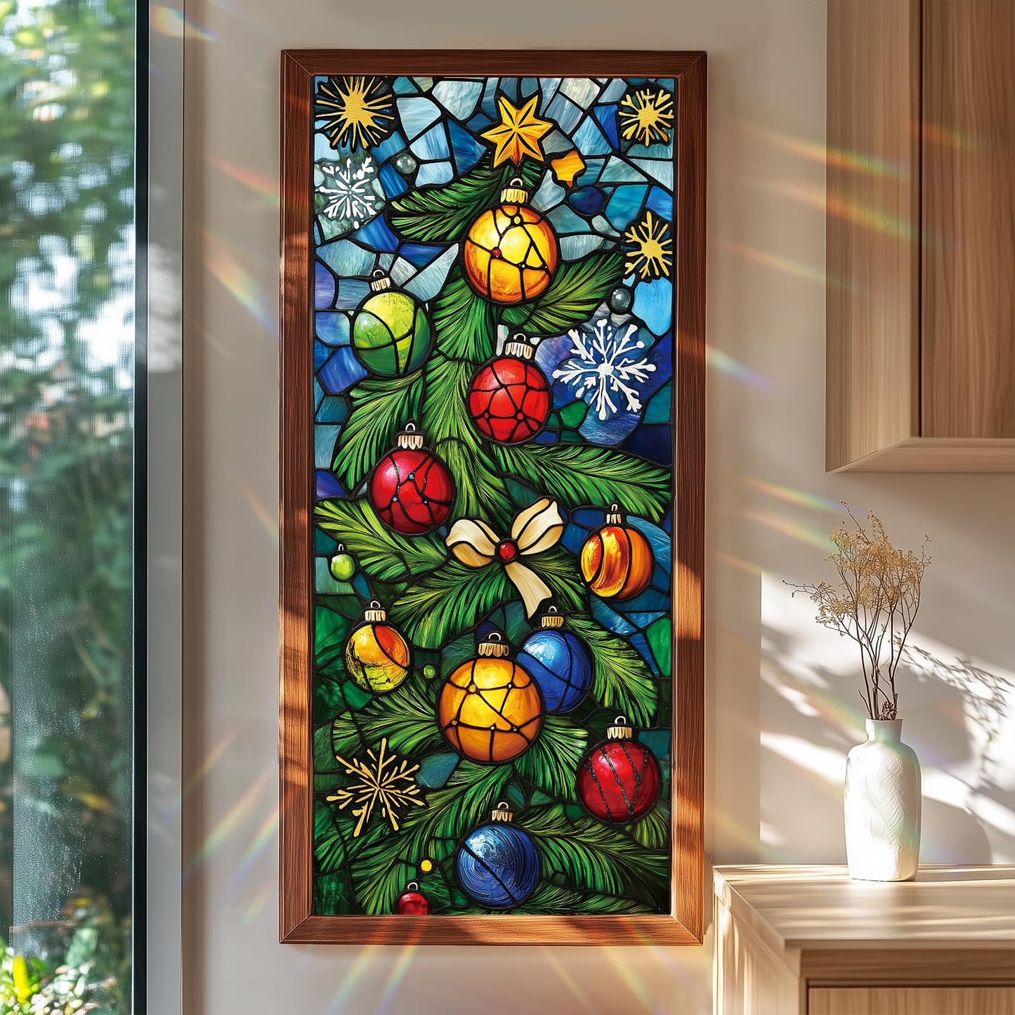 Window Film 17.3 x 39.3 Inch Christmas Tree Ornament Privacy Glass Sticker Stained Glass Style Decorative Window Covering with Snowflakes Stars Baubles Self Adhesive Removable for Holiday