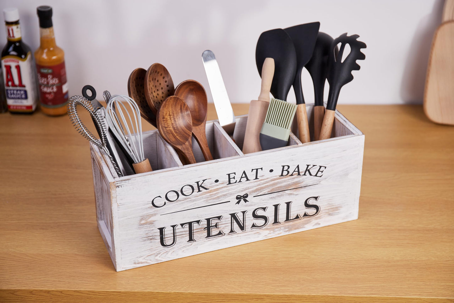WDT Tool Utensil holder for Kitchen Counter Large Round Utensils Holder with Wooden Base Matte Black Cooking Utensil Holder,Kitchen countertop Utensil Organize (White-4 Compartments)