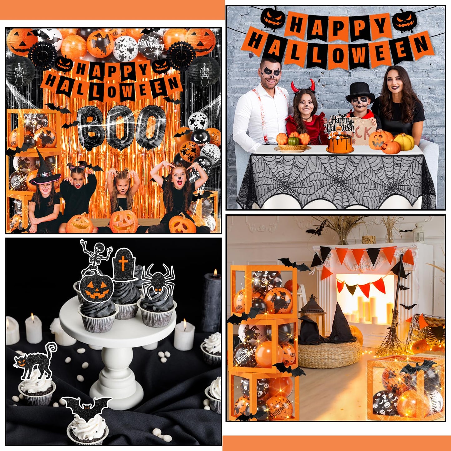 Halloween Party Decorations, Halloween Decorations Kit includes Ghost Balloons Boxes Spider Web Tablecloth Black Orange Foil Curtains, Boo Party Supplies for Home Birthday Decoration
