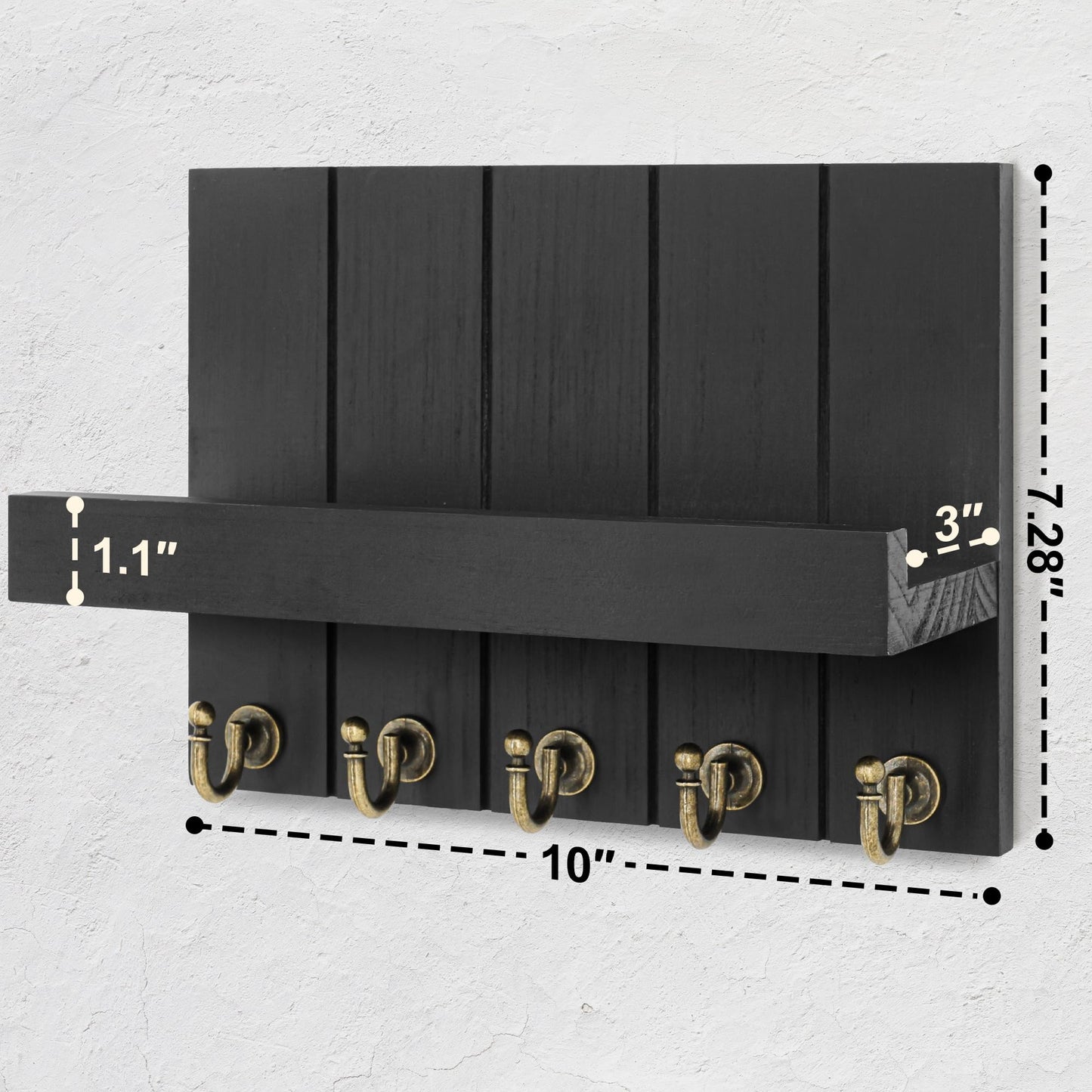 Rebee Vision Farmhouse Key Holder Wall Mount - Modern Key Holder for Living Room and Mail Organizer with Shelf & Hooks for Apartment Essentials - Home Decor Aesthetic (Black, 3.54"D x 10"W x 7.28"H)