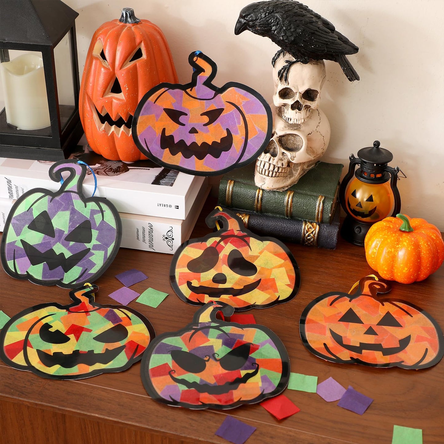 Yaomiao 30 Set Halloween Pumpkin Suncatchers Paper Crafts Kit DIY Shaped Stained Glass Effect Tissue Paper Hanging Suncatchers for Halloween Home Birthday Party Favors Gifts