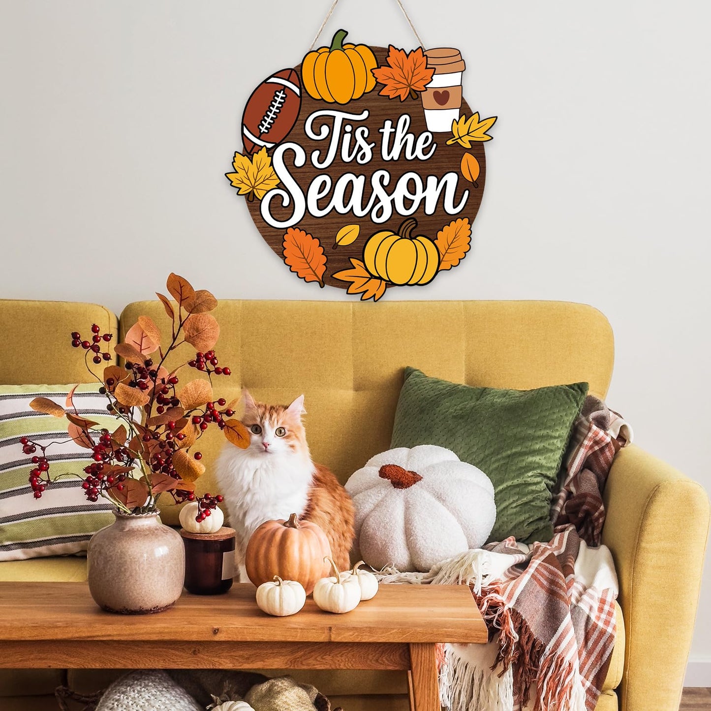 Whaline Fall Football Door Sign Tis the Season Hanging Decor Pumpkin Maple Football Wood Door Hanger with Rope for Autumn Thanksgiving Wall Porch Decorations