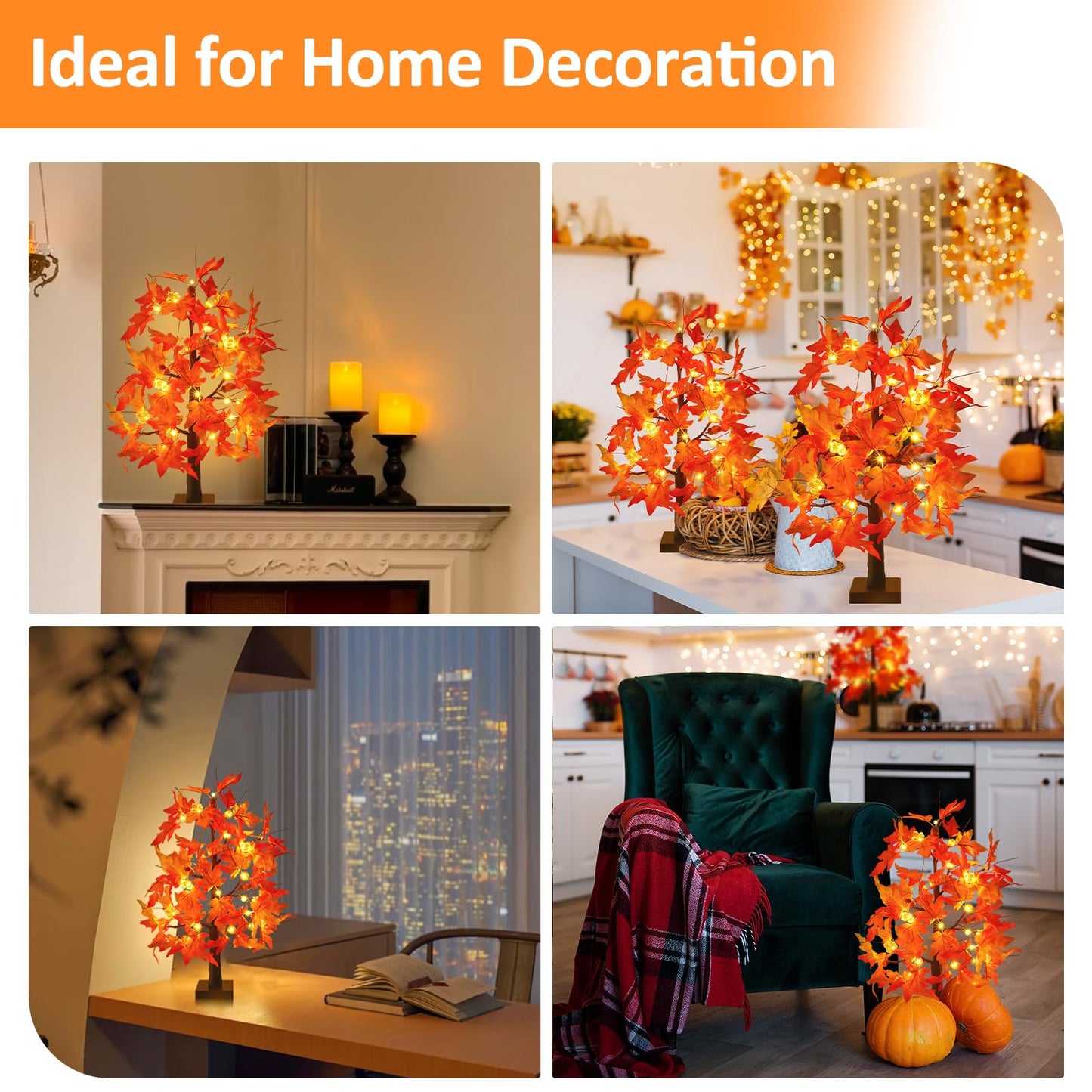 Joyhalo 2 Pack 23.5 Inch Fall Trees with Lights, Timer Battery Operated Fall Light Up Tree for Thanksgiving Autumn Home Office Room Indoor Decorations, Faux Fall Lighted Maple Trees Decor