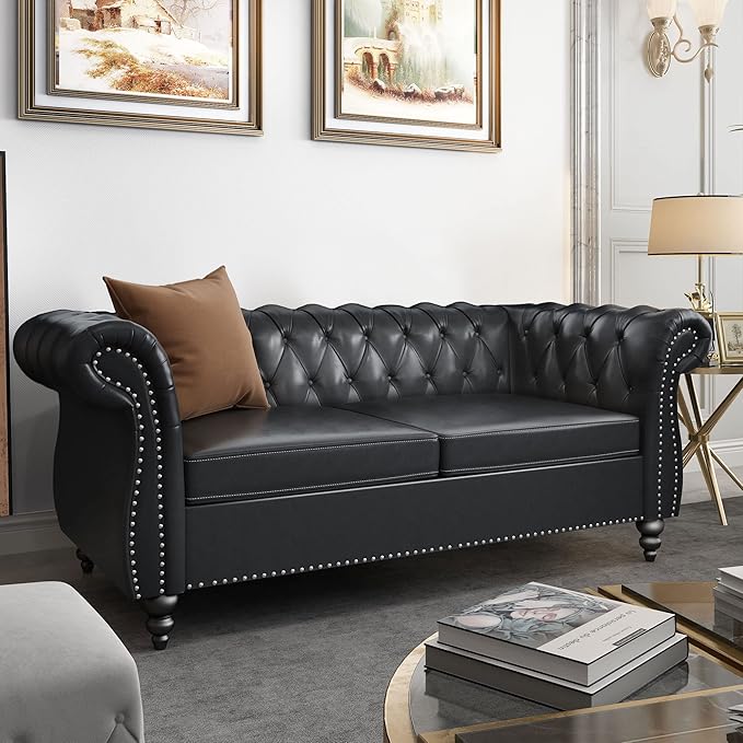 ORRD 2 Pieces Living Room Set, Chesterfield Leather Sofa Loveseat Couch